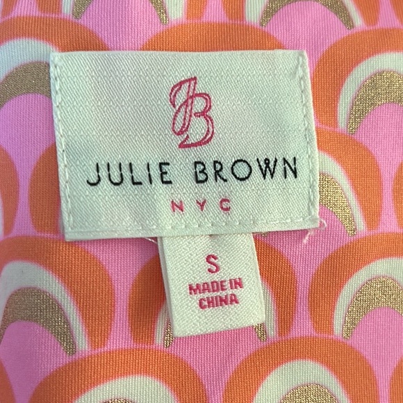 JB by Julie Brown Pink Orange Metallic Gold Geometric Print V-Neck Mini Dress  S - Picture 9 of 12